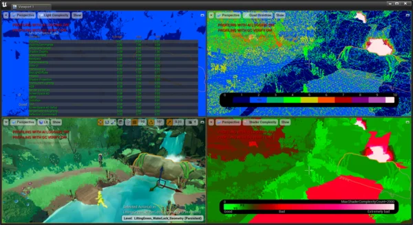 Survey capture of LiltingGreen_WaterLock showing light complexity, quad overdraw, lit view and shader complexity. The water and waterfall are the most expensive areas of the scene.